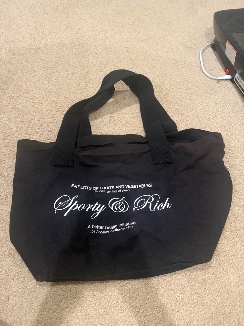 Sporty & Rich Black Canvas Tote with White Logo